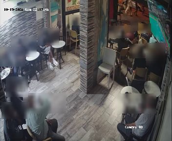 A café ceiling camera, faces blurred, with each table circled and timed