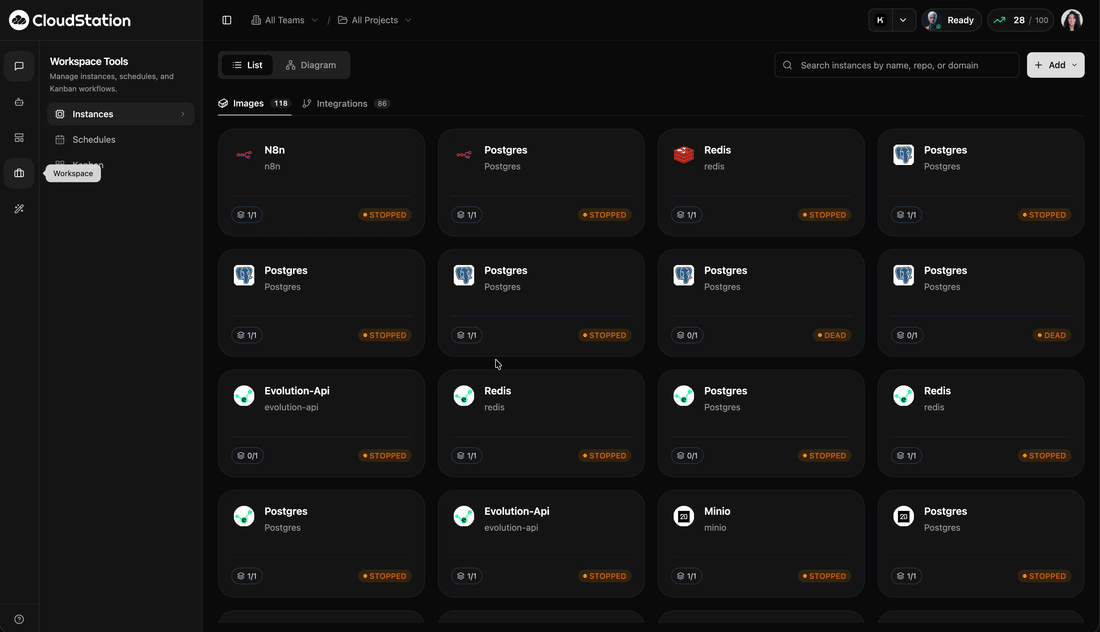 CloudStation Workspace Instances dashboard
